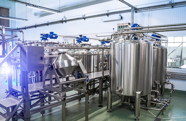 Interior of dairy factory with fermentation tank Technology equipment at dairy farm Sterile production