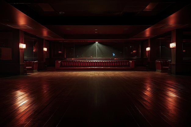 Interior of a dark room with red seats and lighting 3d render empty nightclub with dim lighting casting a soft warm glow AI Generated