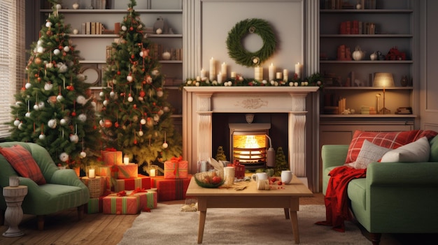 Interior of decorated living room with Christmas tree and comfortable sofa for family comeliness