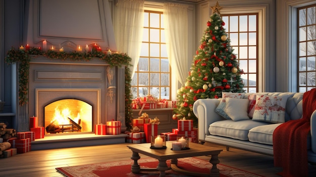 Interior of decorated living room with Christmas tree and sofa comeliness