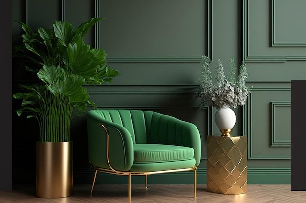 Interior decoration of a luxurious living room with a chic armchair a gold bar cabinet several plant