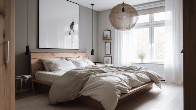 Interior deisgn of Bedroom in Scandinavian style with Bed