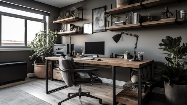 Interior deisgn of Home Office in Industrial style with Desk