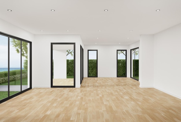 Interior design 3D rendering of modern office or apartment Wooden parquet floor empty room.