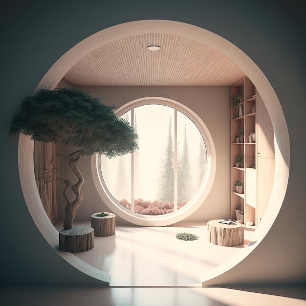 interior design area of the house with a round window showing the view outside beautiful decor