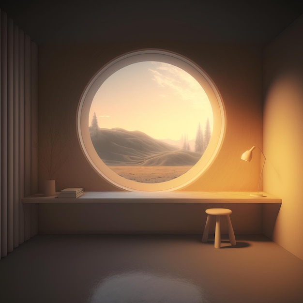 interior design area of the house with a round window showing the view outside beautiful decor