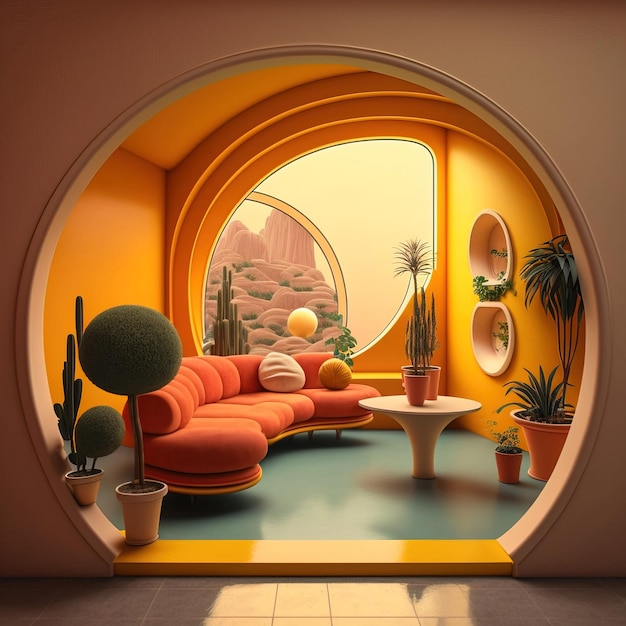 interior design area of the house with a round window showing the view outside beautiful decor