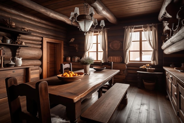 interior design of a beautiful log house beautiful wooden furnitures dining table