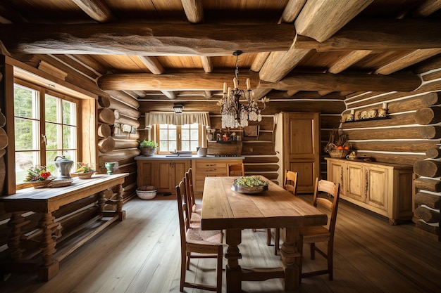 interior design of a beautiful log house beautiful wooden furnitures dining table