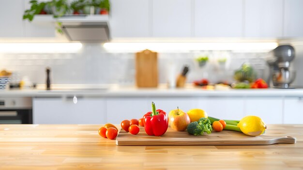 Interior design or bright white modern kitchen fresh vegetables fruit wooden table e Generative AI