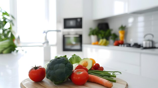 Interior design or bright white modern kitchen fresh vegetables fruit wooden table e Generative AI