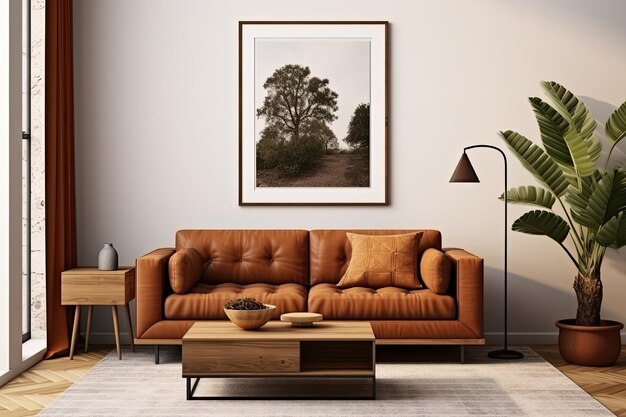 An interior design concept for a living room includes a mockup poster frame a brown sofa plants a wo