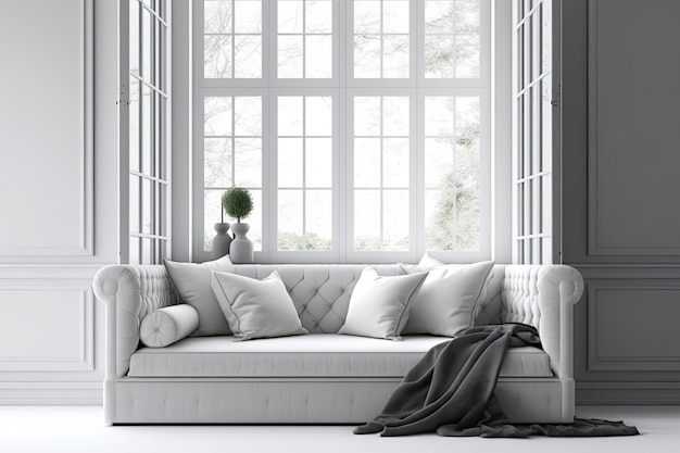 Interior design concept with sofa bed near window in white room