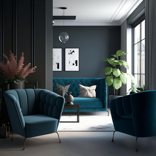 Interior Design Cozy Apartment featuring Blue Sofa Gray Armchairs and Black Wall in Living Room Generative AI