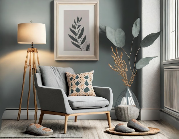 Photo interior design of cozy living room with mock up poster frame gray armchair patterned pillow stylish