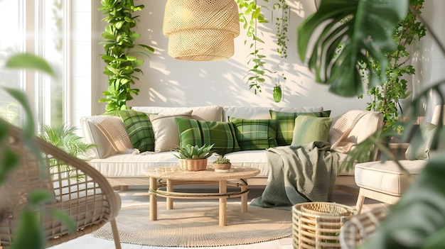 Interior design of cozy open space with modular sofa green pillows braided plaid woo Generative AI