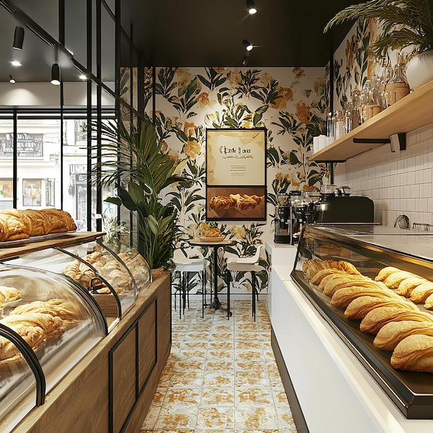 Photo interior design of a croissant bar that serves home baked crispy croissants takeaway shop editoria