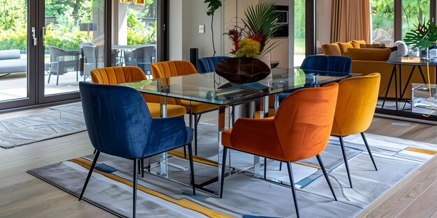 Photo interior design dining room with blue and orange velvet chairs