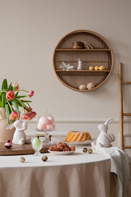 Interior design of easter dining room interior with round table shelf on wall colorful eggs easter cake hare sculptures vase with tulips lychee and personal accessories Home decor Template