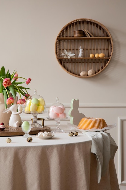 Interior design of easter dining room interior with round table shelf on wall colorful eggs easter