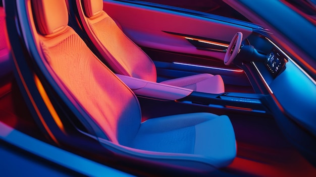 Interior Design of Futuristic Car With Stylish Seats and Vibrant Ambient Lighting