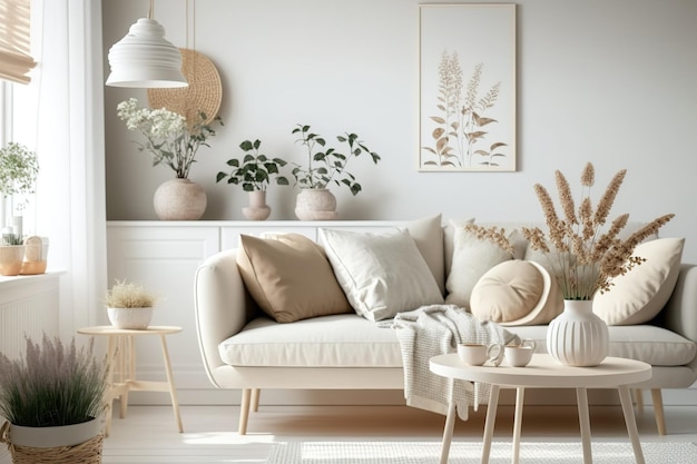 Interior design image of a large light workspace in a warm Scandinavianinspired palette of beige and white