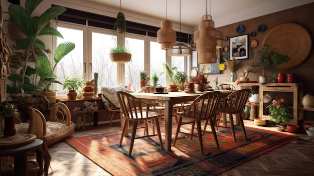 Interior design inspiration of Bohemian Eclectic style home dining room loveliness decorated with Rattan and Macrame material and Rug Generative AI home interior design