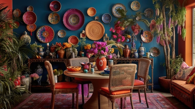 Interior design inspiration of Bohemian Eclectic style home dining room loveliness decorated with Rattan and Velvet material and Statement Wall Generative AI home interior design