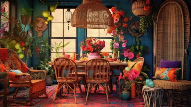 Interior design inspiration of Bohemian Eclectic style home dining room loveliness decorated with Wicker and Fabric material and Tapestry Generative AI home interior design