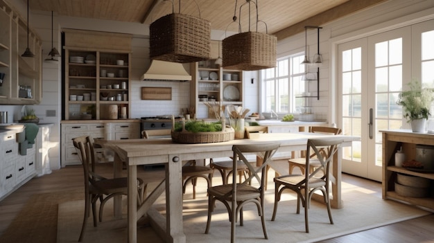 Interior design inspiration of Farmhouse Cottage style home dining room loveliness decorated with Wood and Stone material and Kitchen Island Generative AI home interior design