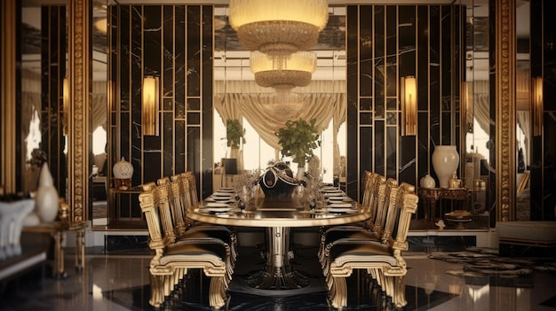 Interior design inspiration of Glamorous Art Deco style home dining room loveliness decorated with Glass and Marble material and Chandelier Generative AI home interior design