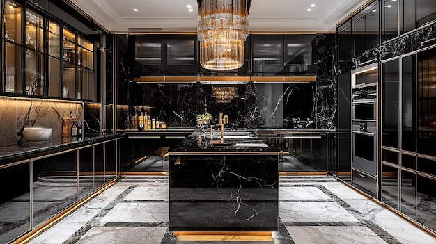 Interior Design of Kitchen with Black Marble Facades