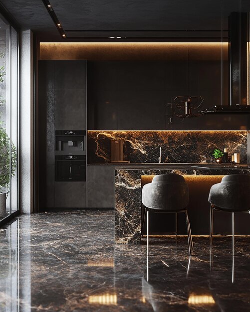 Interior Design of Kitchen with Black Marble Facades