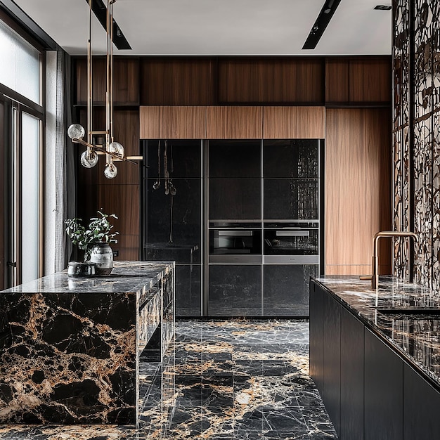 Photo interior design of kitchen with black marble facades