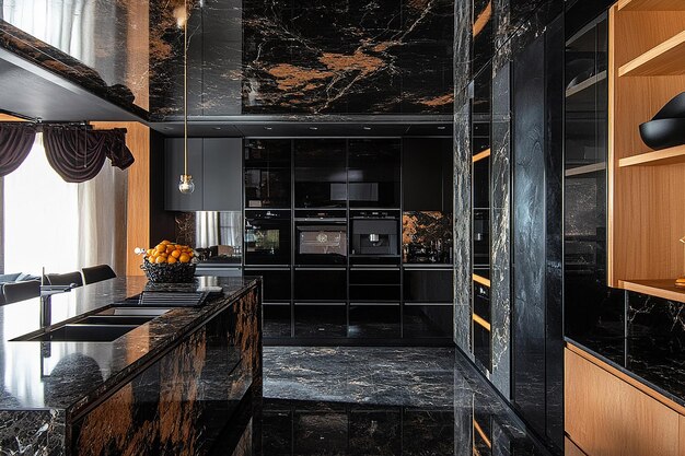 Photo interior design of kitchen with black marble facades