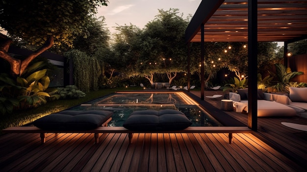 Interior design of a lavish side outside garden at morning with a teak hardwood deck and a black pergola Scene in the evening with couches and lounge chairs by the pool Generative AI