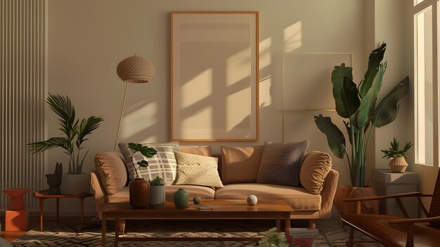 Interior design of living room interior with mock up poster frame brown sofa plants Generative AI