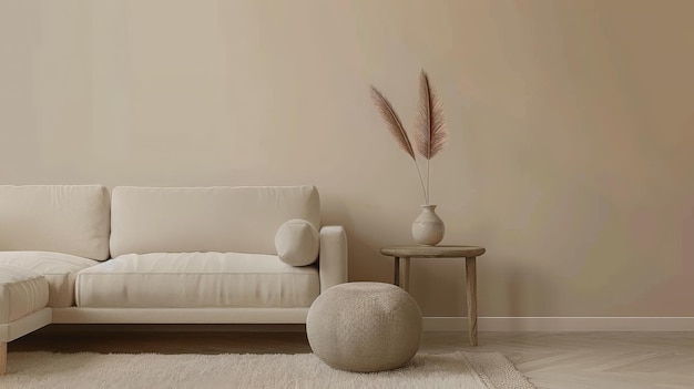 Interior design of living room with accessories and boucle rug Beige wall generative ai