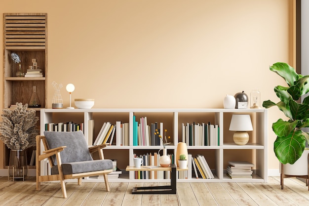 Photo interior design of living room with armchair on empty light cream color wall,library room.3d rendering