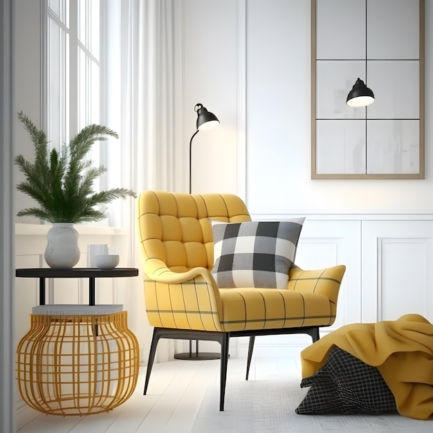 Interior design of living room with armchair and yellow plaid. Rattan coffee table in room with whit