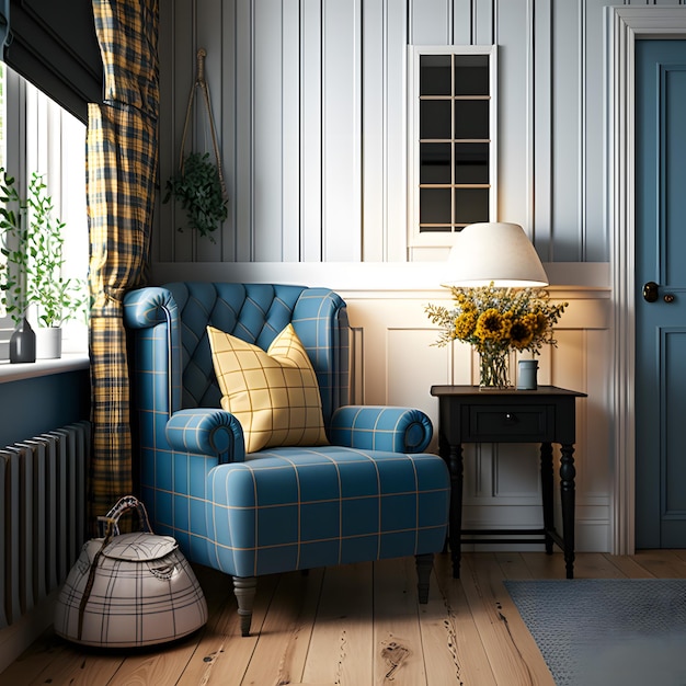 Interior design of living room with blue armchair and yellow plaid. Rattan furniture in room with pa