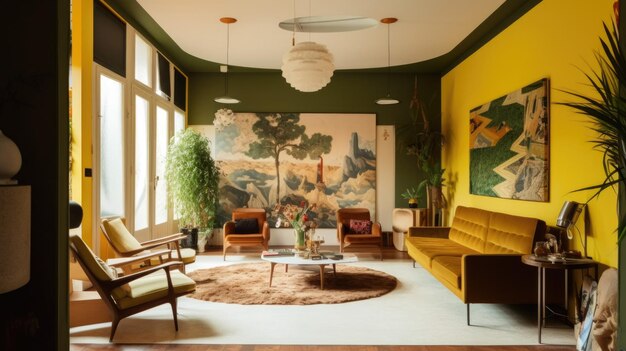 Interior design of living room with midcentury modern style in green and yellow tone Generative AI AIG27