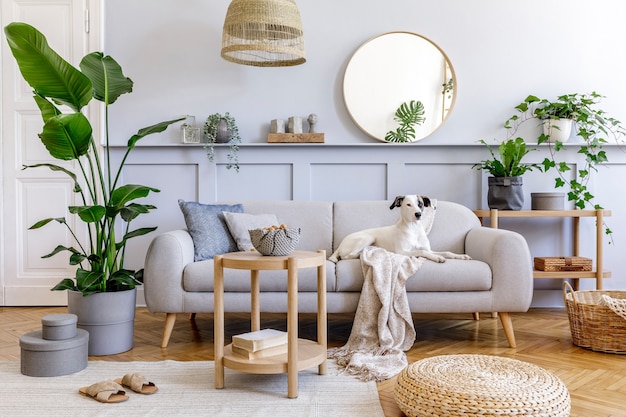 Interior design of living room with stylish grey sofa, coffee table, tropical plant, mirror, decoration, pillows and elegant personal accessories in home decor. Beautiful dog lying on the couch.