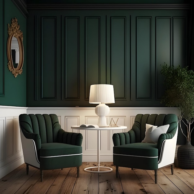 Interior design of living room with white armchairs over the dark green planks paneling wall Farmhouse style Home design 3d rendering