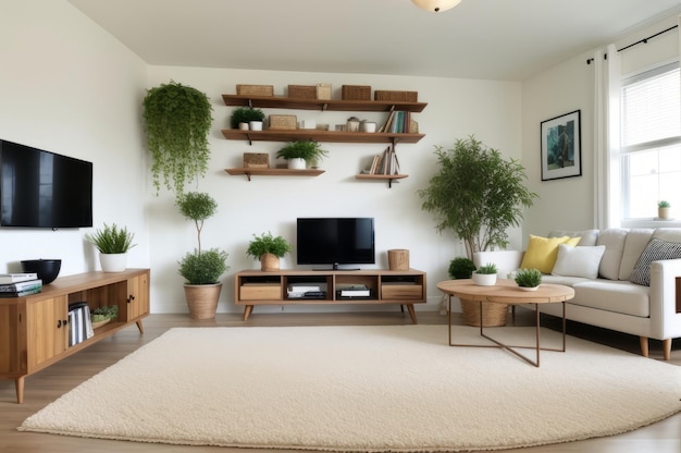 Interior design of living room with wooden shelf Wall decor with green grass in white plant pot AI Generated