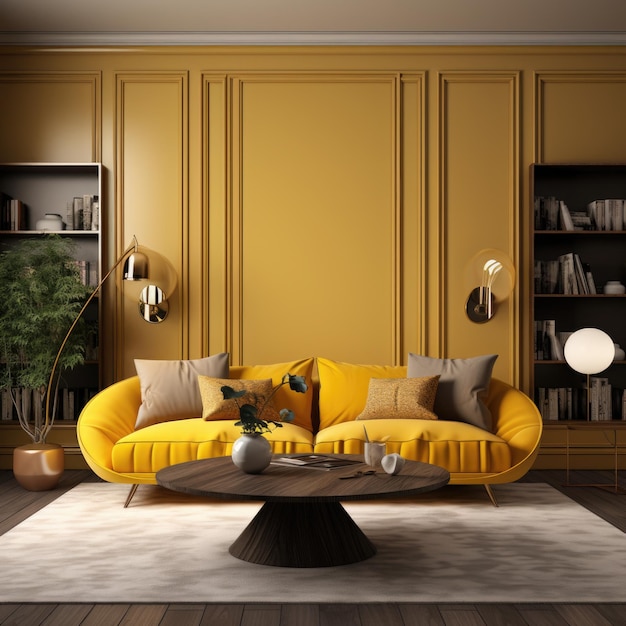 Interior design of living room with yellow sofa 3d rendering