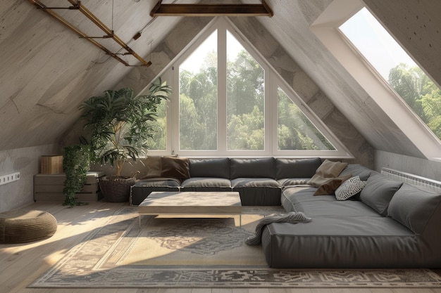 Interior Design Loft Modern Grey Attic Living Room with Stylish Sofa and Carpet