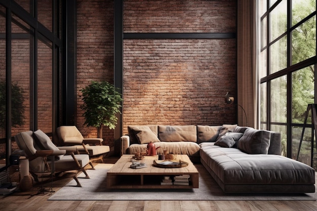 Interior design of loft room with sofa and armchair