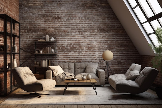 Interior design of loft room with sofa and armchair