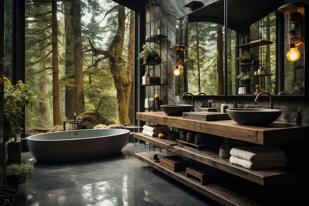 Interior design of modern bathroom in farmhouse with forest view